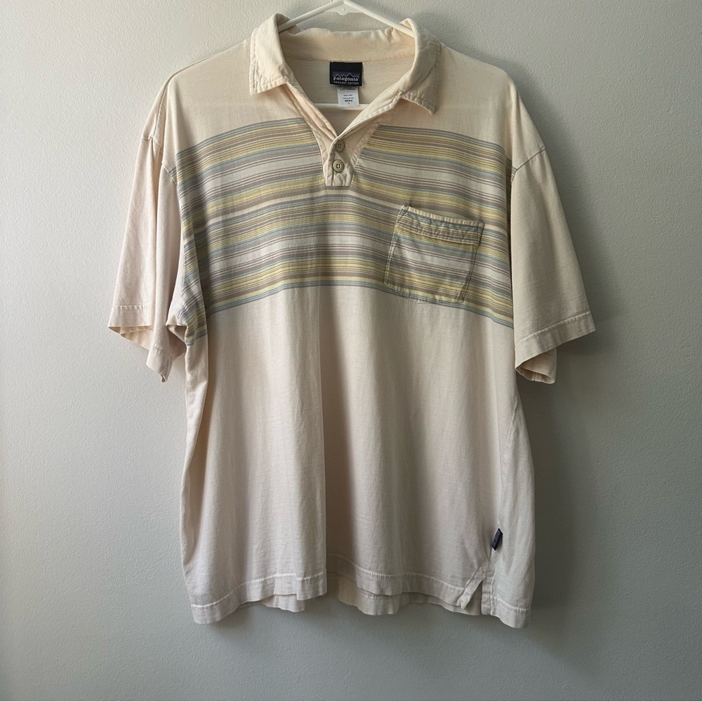Vintage Patagonia Stripe Polo Shirt Tan Blue Brown | Men’s Large | Organic Cotto